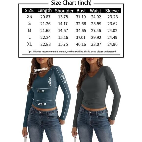 Sleeve Shirts for Women  Fall Fashion V Neck Basics Crop Tops Layering Slim - Picture 7 of 7